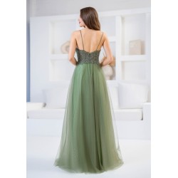 Robe de cocktail mariage longue en tulle scintillant vert sauge, haut dentelle et col V illusion - vue de dos