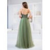 Robe de cocktail mariage longue en tulle scintillant vert sauge, haut dentelle et col V illusion - vue de dos
