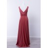 Robe de cocktail mariage longue en jersey rose antique, col V profond, ceinture drapée et jupe évasée asymétrique - vue de dos