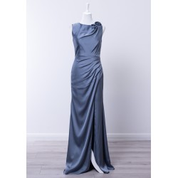 Robe de cocktail mariage longue Vintage en satin bleu ardoise, col rond, appliqué roses sur l'épaule, drapé latéral et fente