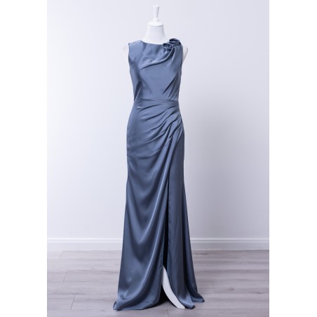Robe de cocktail mariage longue Vintage en satin bleu ardoise, col rond, appliqué roses sur l'épaule, drapé latéral et fente