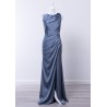 Robe de cocktail mariage longue Vintage en satin bleu ardoise, col rond, appliqué roses sur l'épaule, drapé latéral et fente
