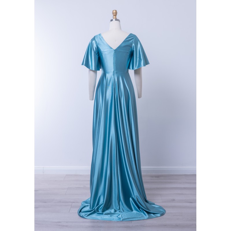 Robe de cocktail mariage longue Sterling en satin bleu lagon, col V drapé nœud central, manches papillon et fente - vue de dos