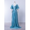 Robe de cocktail mariage longue Sterling en satin bleu lagon, col V drapé nœud central, manches papillon et fente - vue de dos