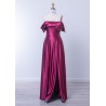 Robe de cocktail mariage longue Cabernet en satin fuchsia, épaule asymétrique avec nœud, jupe évasée et fente