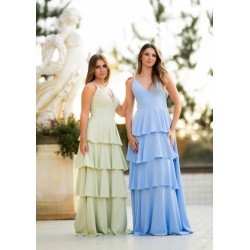 Collection de robes de cocktail mariage longues, col V et jupe à volants étagés – disponibles en vert menthe et bleu ciel