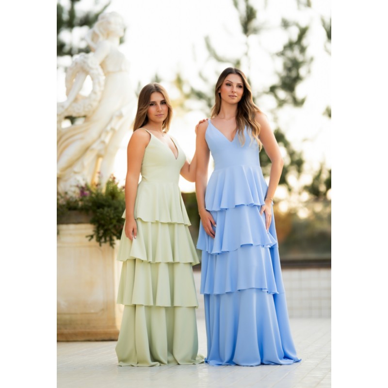 Collection de robes de cocktail mariage longues, col V et jupe à volants étagés – disponibles en vert menthe et bleu ciel