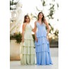 Collection de robes de cocktail mariage longues, col V et jupe à volants étagés – disponibles en vert menthe et bleu ciel