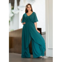 Combinaison pantalon mariage en mousseline vert canard, col V croisé, manches papillon fendues et jambes larges