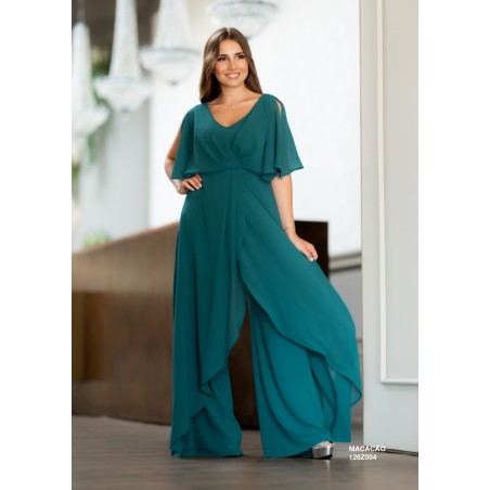 Combinaison pantalon mariage en mousseline vert canard, col V croisé, manches papillon fendues et jambes larges