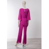 Ensemble pantalon mariage en mousseline rose fuchsia, tunique asymétrique drapée et appliqué strass sur l'épaule - vue de dos