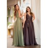 Robe de cocktail mariage mi-longue en satin kaki et brun, col V profond, ceinture nœud latéral et jupe évasée