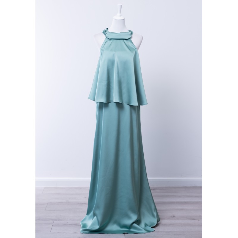 Robe de cocktail mariage longue en satin vert d'eau, col halter torsadé, top superposé évasé et jupe colonne