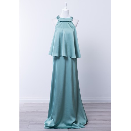 Robe de cocktail mariage longue en satin vert d'eau, col halter torsadé, top superposé évasé et jupe colonne