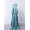 Robe de cocktail mariage longue en satin vert d'eau, col halter torsadé, top superposé évasé et jupe colonne