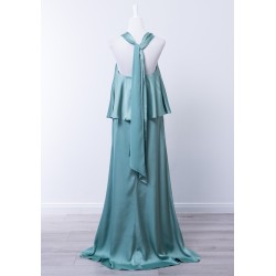 Robe de cocktail mariage longue en satin vert d'eau, col halter torsadé, top superposé évasé et jupe colonne - vue de dos