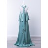 Robe de cocktail mariage longue en satin vert d'eau, col halter torsadé, top superposé évasé et jupe colonne - vue de dos