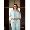 Ensemble 3 pièces mariage en vert menthe, veste ouverte manches 3/4, top col rond et pantalon droit