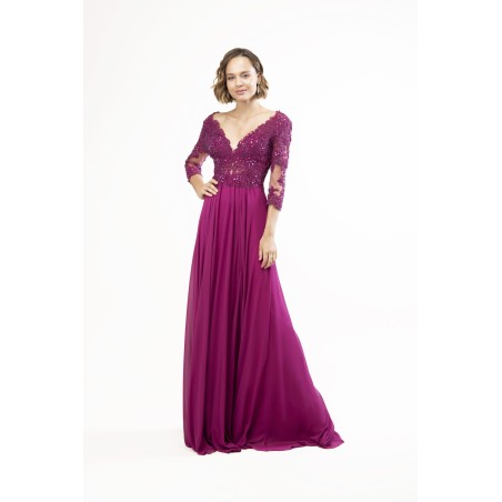 Robe de cocktail mariage longue fuchsia, haut en dentelle brodée sequins col V, manches illusion 3/4 et jupe mousseline fluide