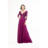 Robe de cocktail mariage longue fuchsia, haut en dentelle brodée sequins col V, manches illusion 3/4 et jupe mousseline fluide