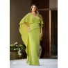 Robe de cocktail mariage longue en mousseline vert anis, col V illusion, cape manches volantes et silhouette fourreau