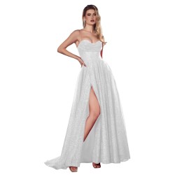 Robe de cocktail mariage longue en tulle pailleté blanc, bustier cœur corset, bretelles fines et fente haute