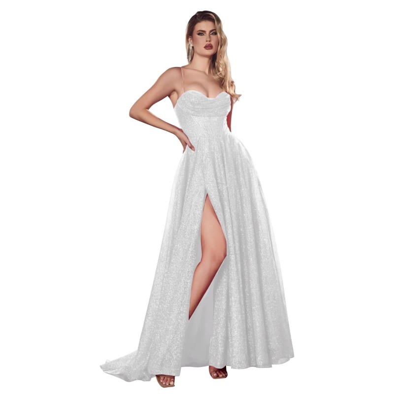 Robe de cocktail mariage longue en tulle pailleté blanc, bustier cœur corset, bretelles fines et fente haute