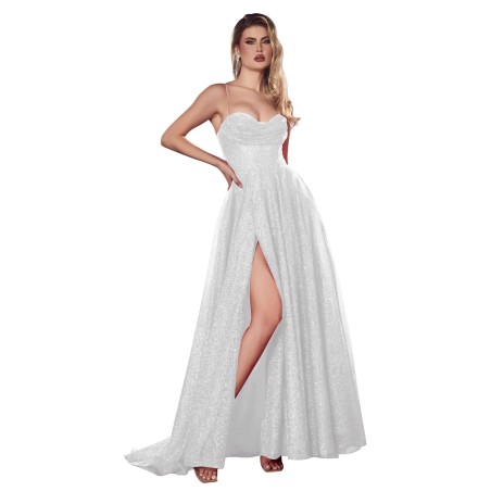 Robe de cocktail mariage longue en tulle pailleté blanc, bustier cœur corset, bretelles fines et fente haute