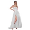Robe de cocktail mariage longue en tulle pailleté blanc, bustier cœur corset, bretelles fines et fente haute
