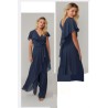 Combinaison pantalon mariage en mousseline bleu marine, col V croisé, manches papillon volantées et ceinture