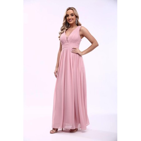 Robe de cocktail mariage longue en mousseline plissée rose poudré, col V profond, bretelles larges et jupe fluide évasée