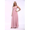 Robe de cocktail mariage longue en mousseline plissée rose poudré, col V profond, bretelles larges et jupe fluide évasée