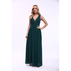 Robe de cocktail mariage longue en mousseline plissée vert foncé, col V profond, bretelles larges et jupe fluide évasée