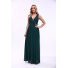 Robe de cocktail mariage longue en mousseline plissée vert foncé, col V profond, bretelles larges et jupe fluide évasée