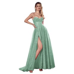 Robe de cocktail mariage longue en tulle pailleté vert eau, bustier cœur corset, bretelles fines et fente haute