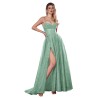 Robe de cocktail mariage longue en tulle pailleté vert eau, bustier cœur corset, bretelles fines et fente haute