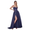Robe de cocktail mariage longue en tulle pailleté bleu marine, bustier cœur corset, bretelles fines et fente haute
